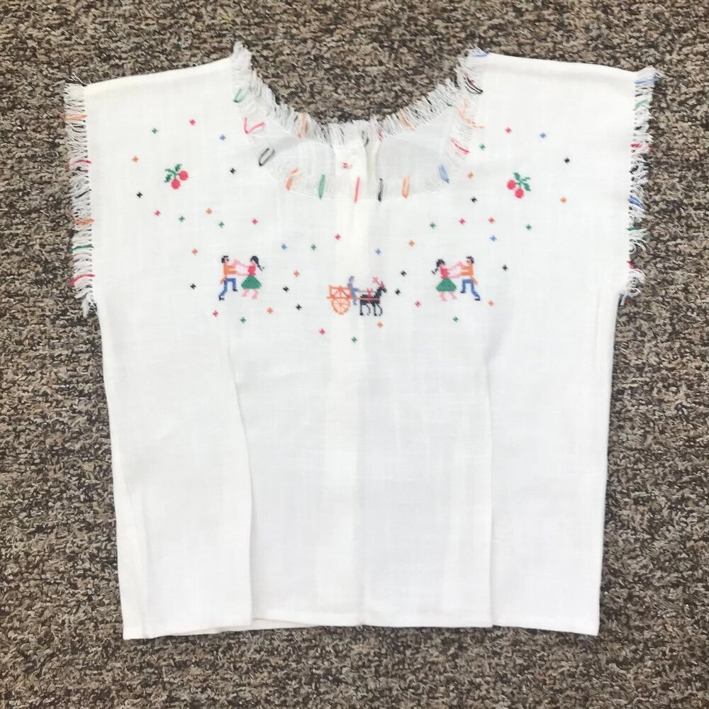 1950s Linen Hand Embroidered KIDS Blouse - Peasant Style Blouse - Girls Blouse